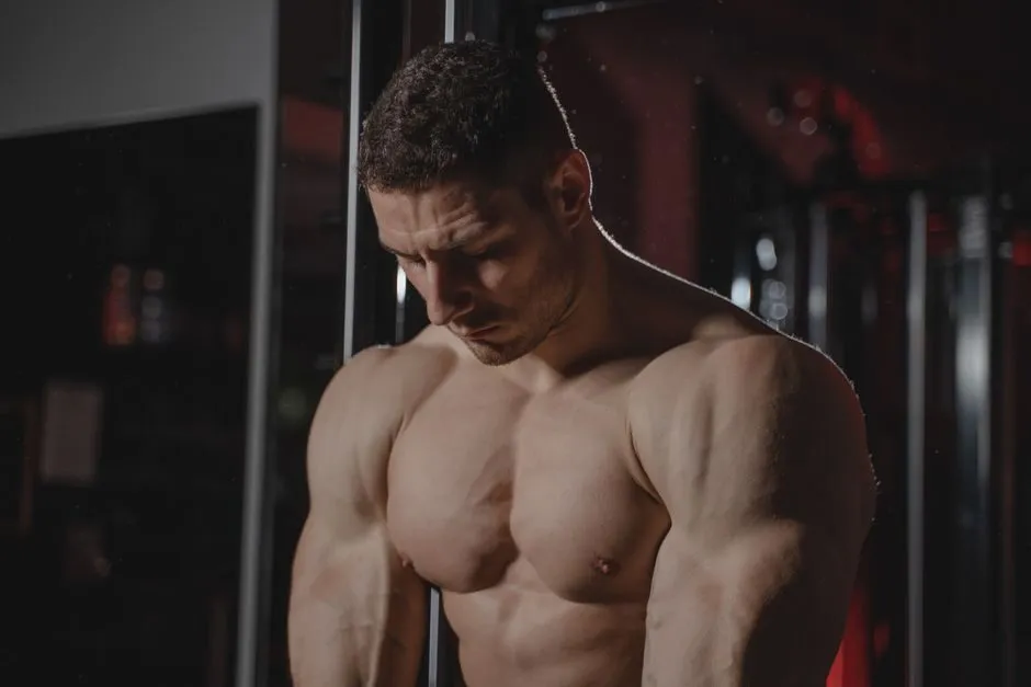 ảnh gym nam tạo dáng trước gương khoe cơ ngực