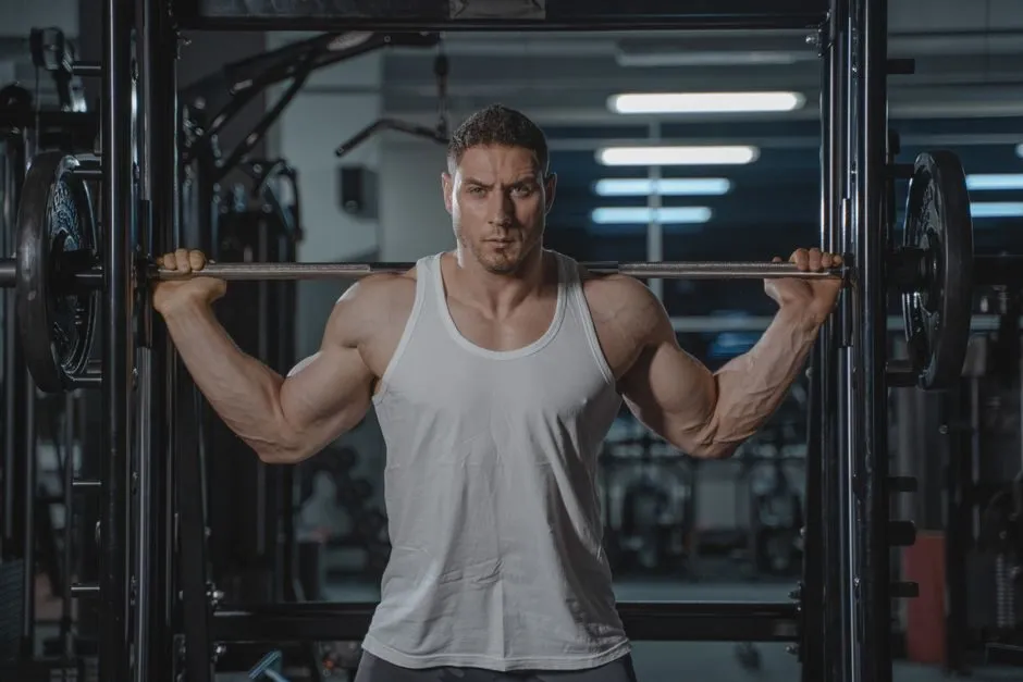 ảnh gym nam mặc áo ba lỗ tập tạ đòn
