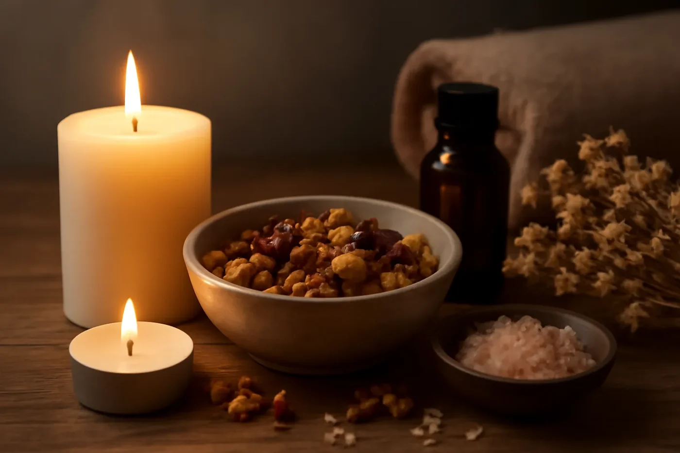 Hình ảnh spa thư giãn với nến thơm và hoa khô